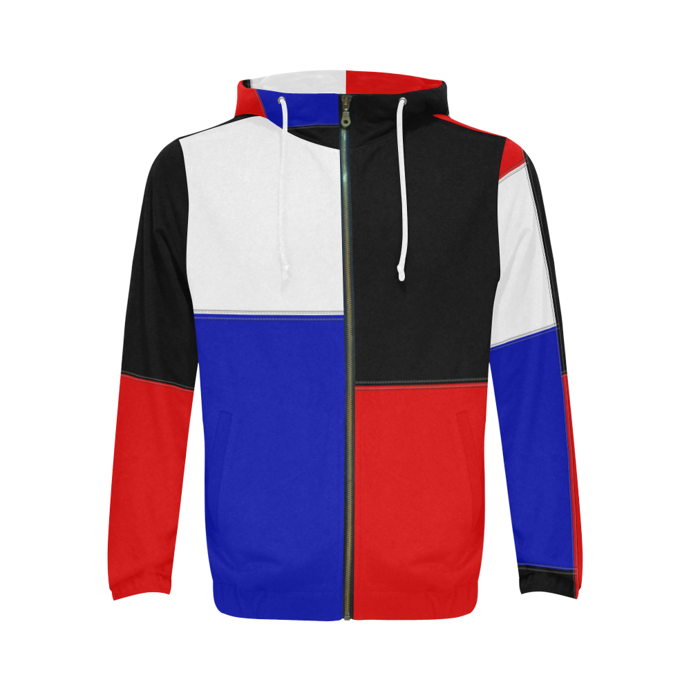 Red, Black and Blue Blocks All Over Print Full Zip Hoodie for Men