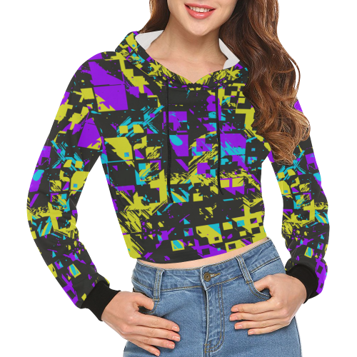 Purple yelllow squares All Over Print Crop Hoodie for Women (Model H22)