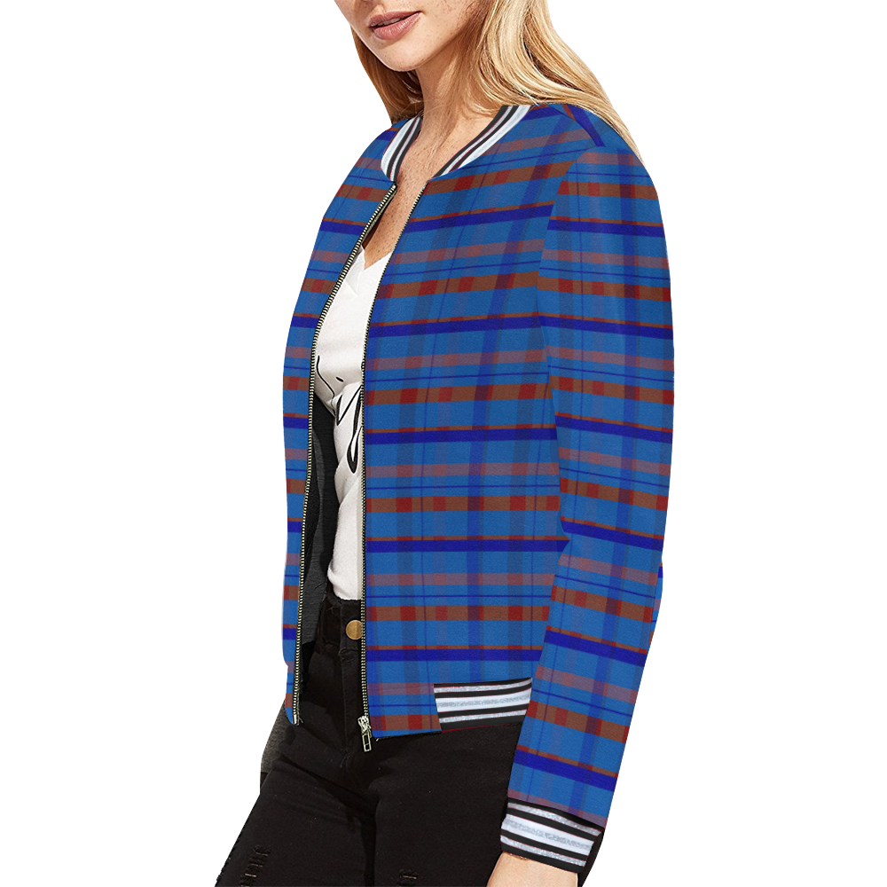 Blue Tartan Plaid Women's Bomber Jacket