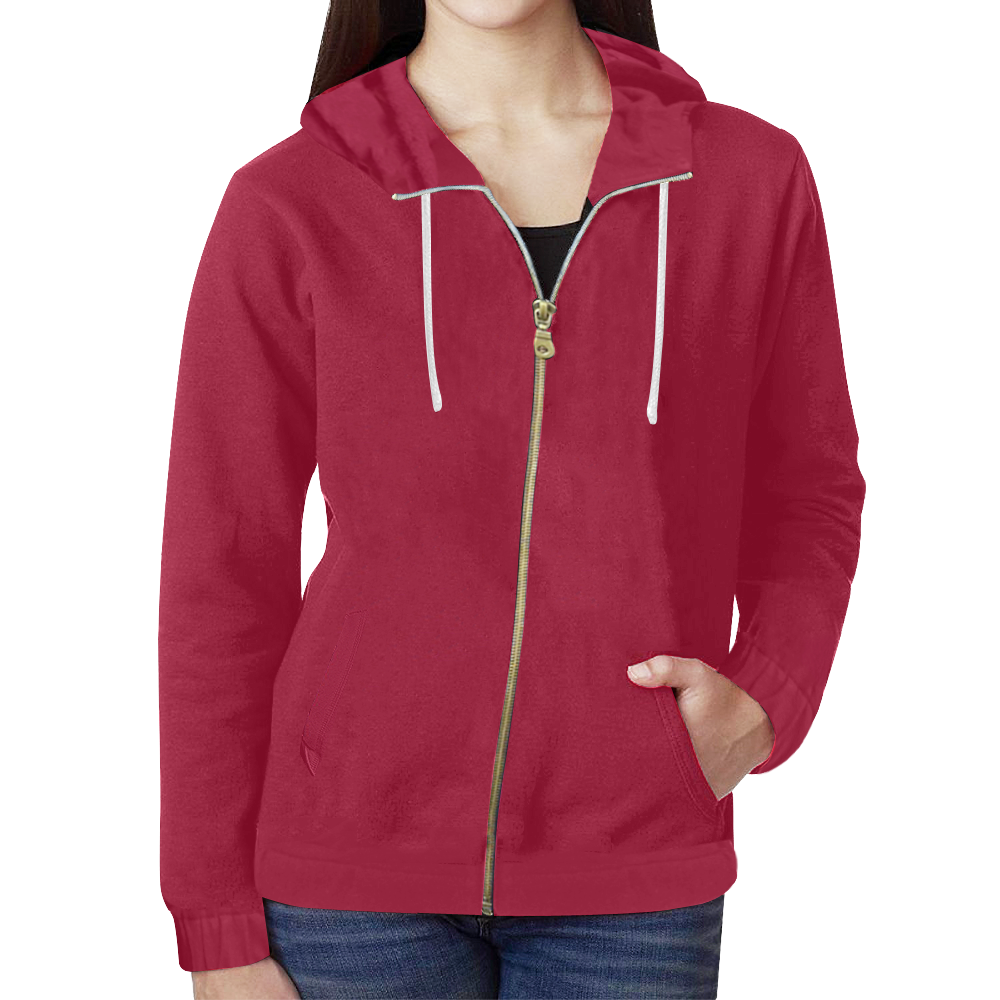 Color Solid Jester Red All Over Print Full Zip Hoodie for Women (Model ...