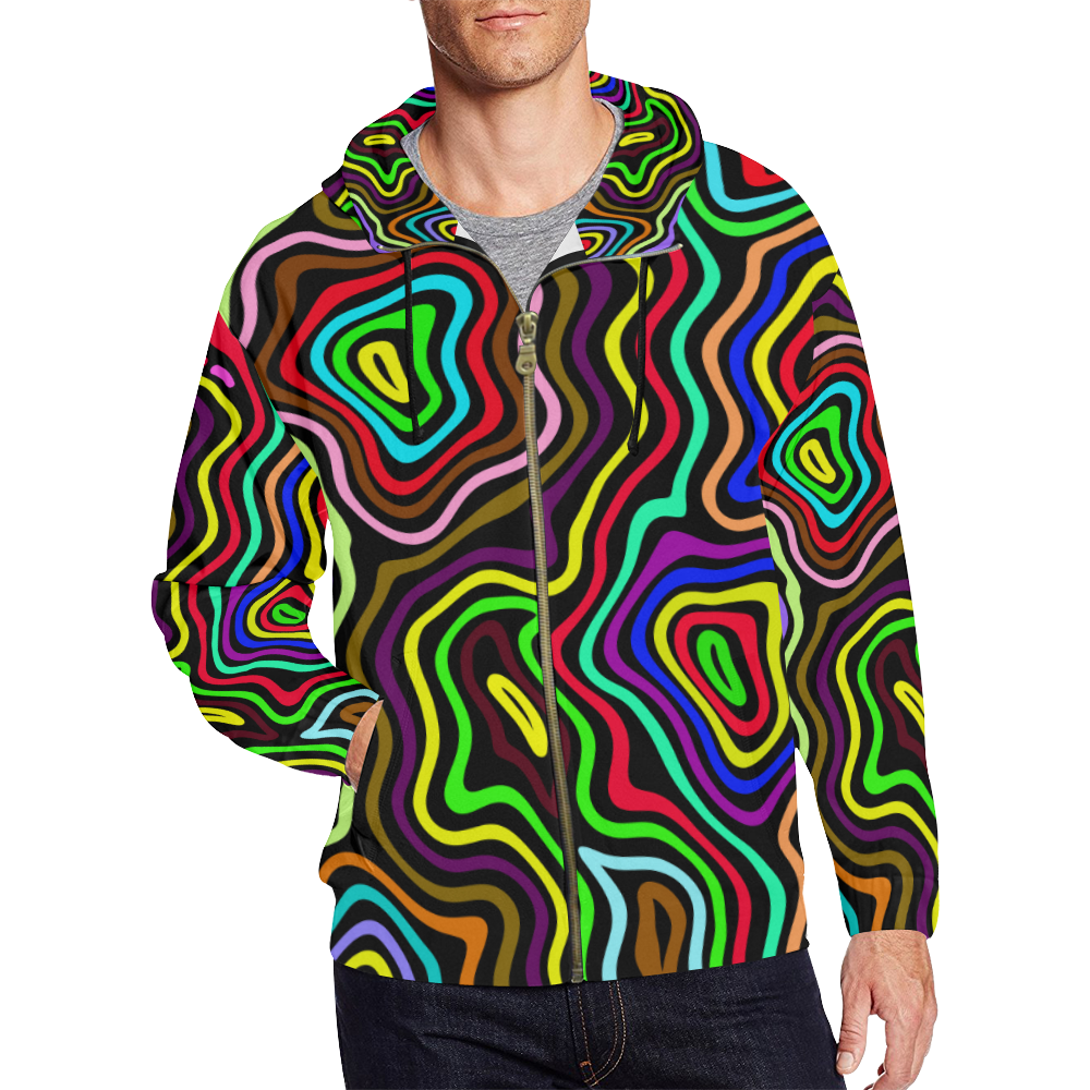 Multicolored Wavy Line Pattern All Over Print Full Zip Hoodie for Men ...