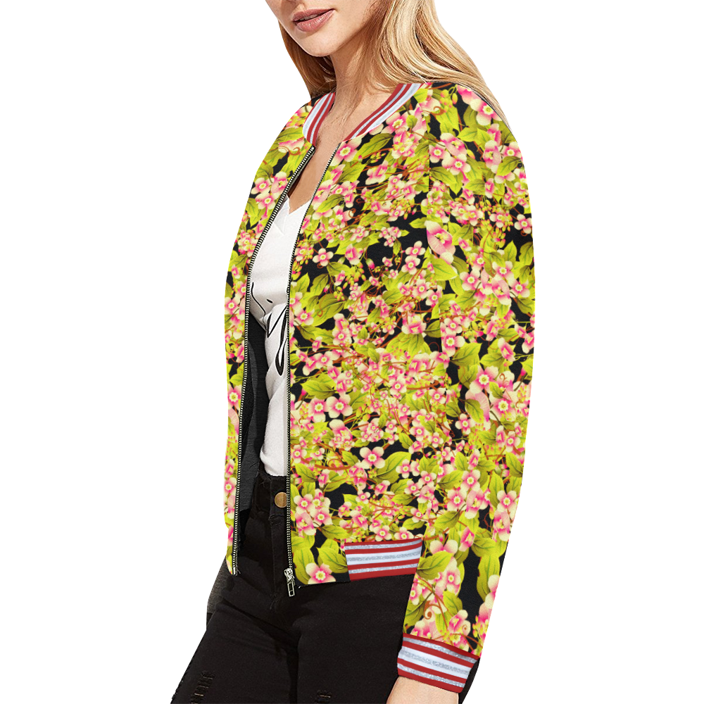 Hummingbird Floral Pattern Print Women Casual Bomber Jacket main image 0