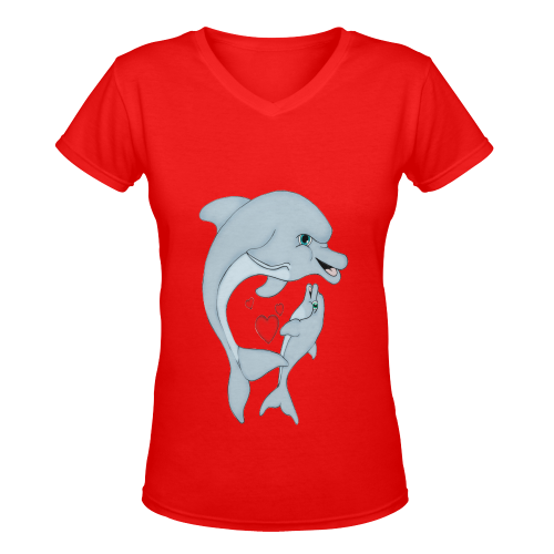 Dolphin Love Red Women's Deep V-neck T-shirt (Model T19)