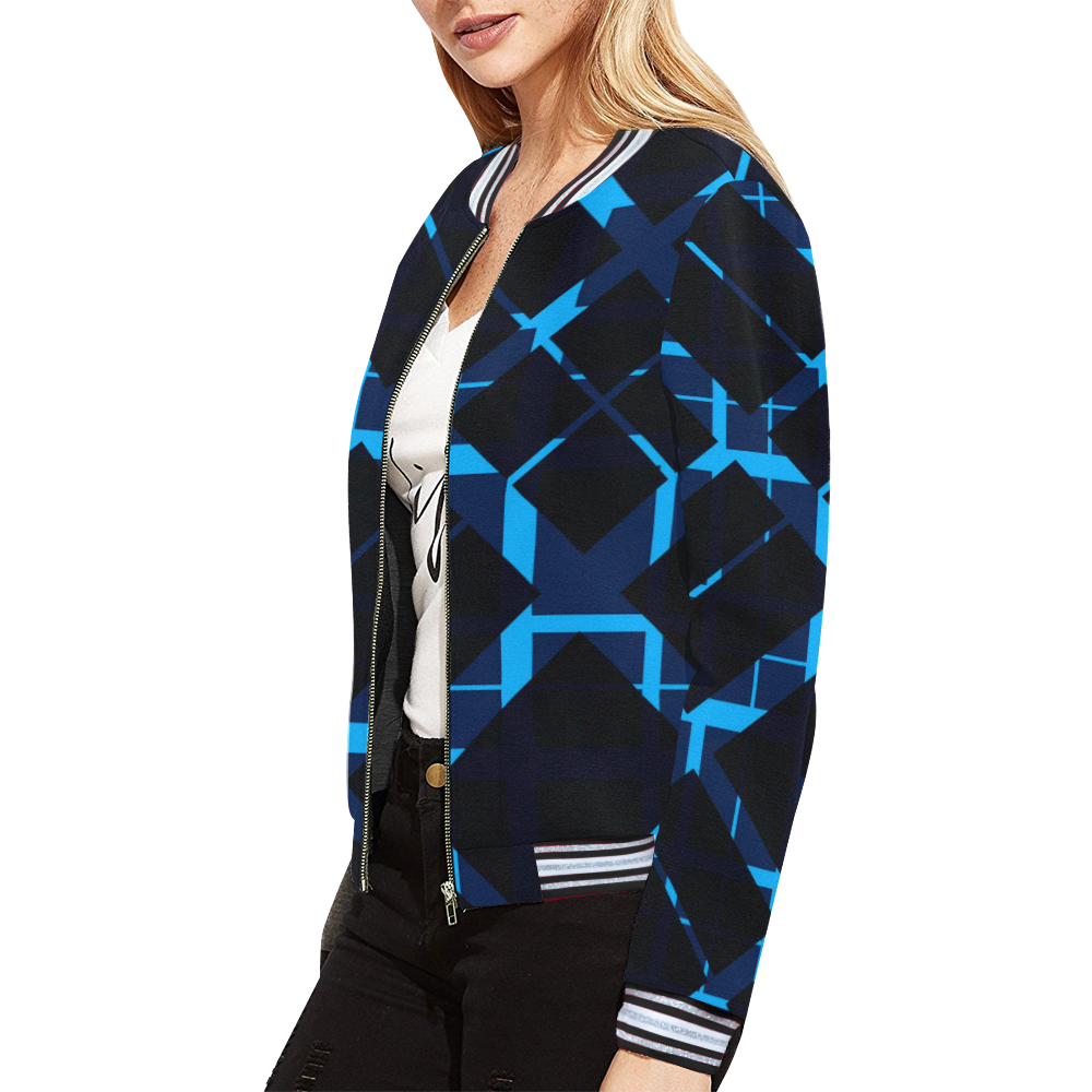 Triangle Blue Pattern Print Women Casual Bomber Jacket