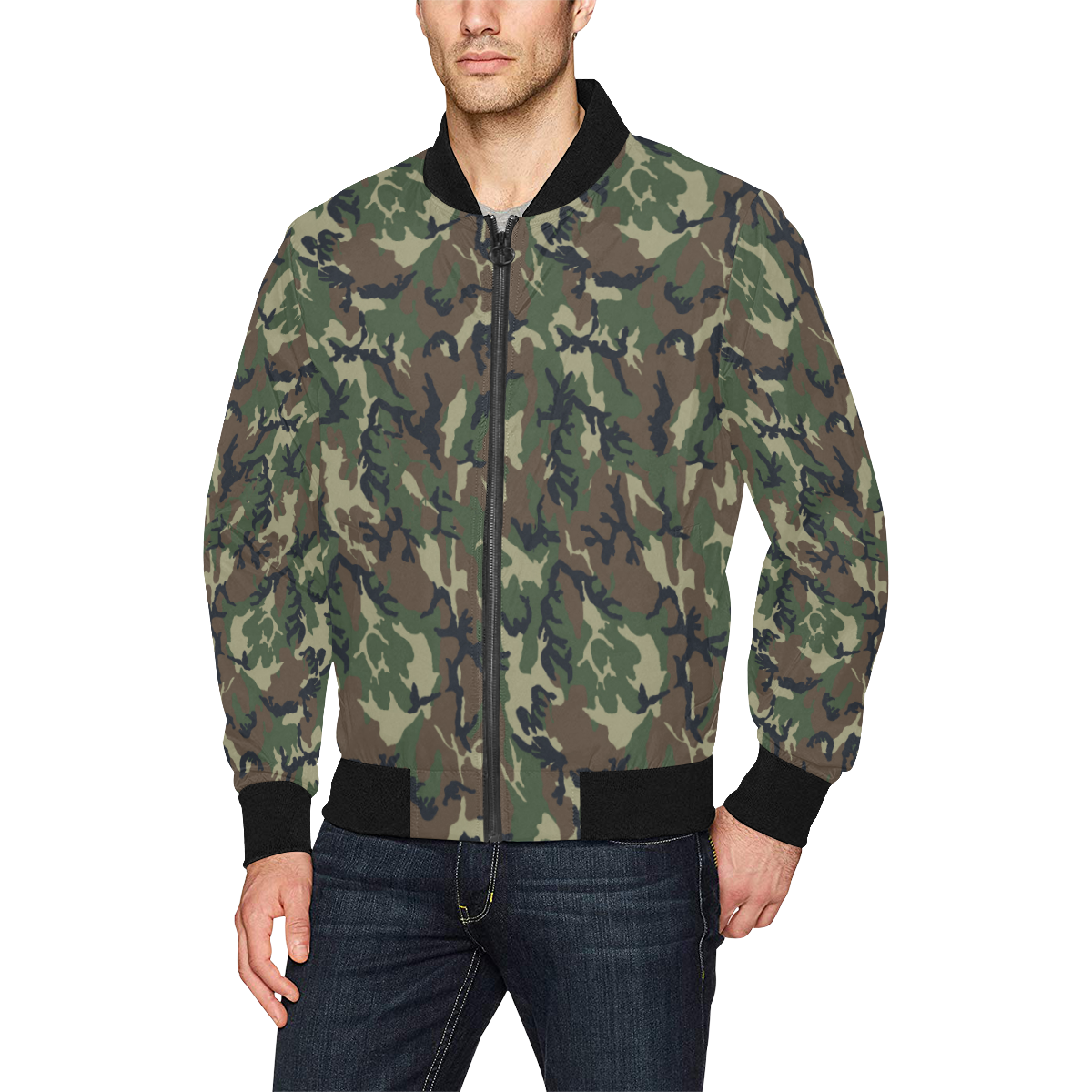 Grey And Green Camouflage Print Men's Bomber Jacket main image 1