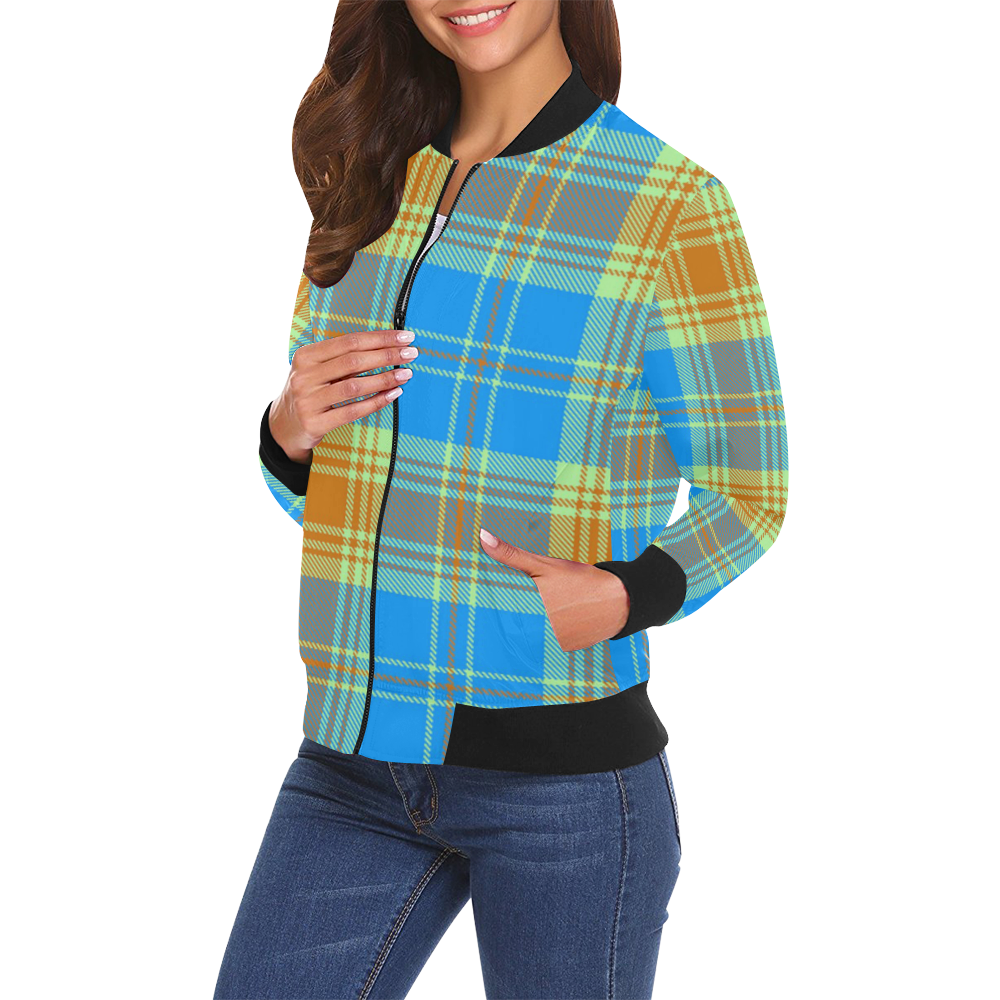Beige Plaid Tartan Print Women's Bomber Jacket main image 1