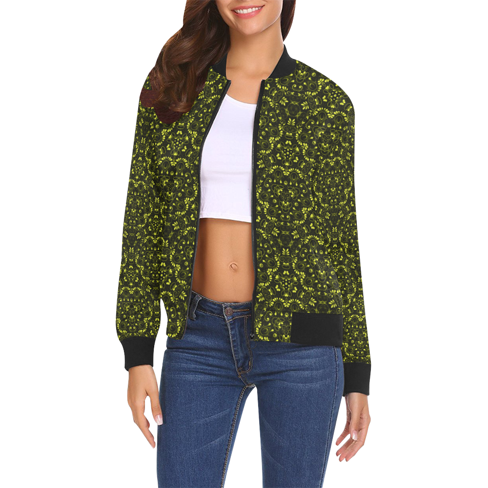 Green vintage pattern on a black background All Over Print Bomber ...