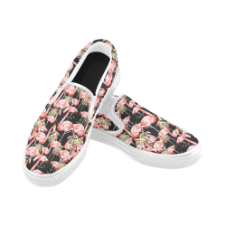 Pattern of flamingos among golden palm trees Women's Slip-on Canvas Shoes (Model 019)