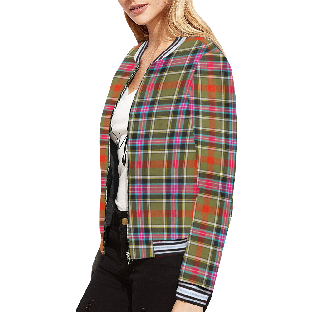 Black Tartan Plaid Women's Bomber Jacket