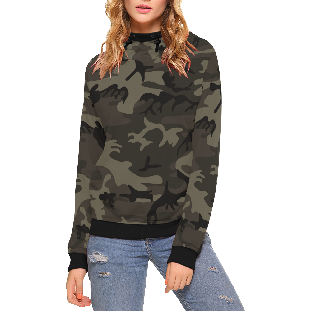 Camo Grey High Neck Pullover Hoodie for Women (Model H24) | ID: D2761719