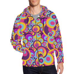 Retro Circles Groovy Violet, Yellow, Blue Colors All Over Print Full Zip Hoodie for Men (Model H14)